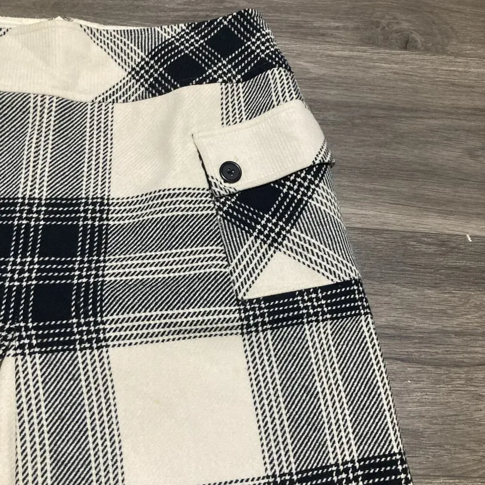Vtg 90’s Talbots Wool Blend Skirt Ivory Black Plaid Pockets Lined Schoolgirl 10
